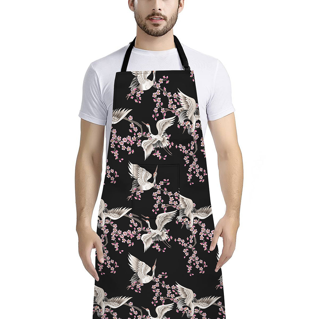 Japanese Crane Bird Pattern Print Bib Apron With Pocket