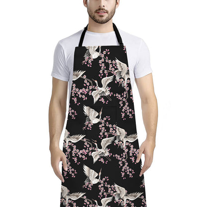 Japanese Crane Bird Pattern Print Bib Apron With Pocket