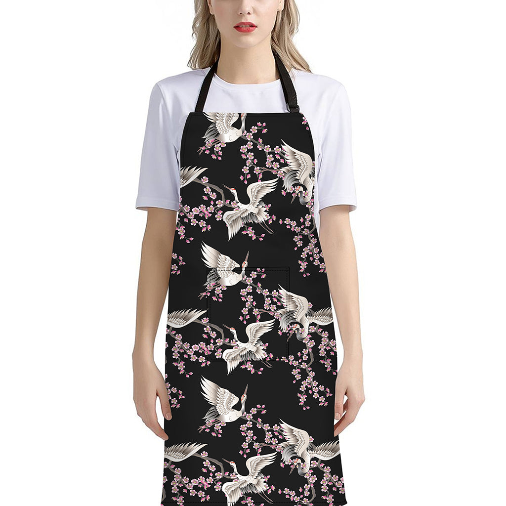 Japanese Crane Bird Pattern Print Bib Apron With Pocket