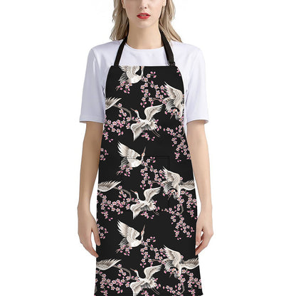 Japanese Crane Bird Pattern Print Bib Apron With Pocket