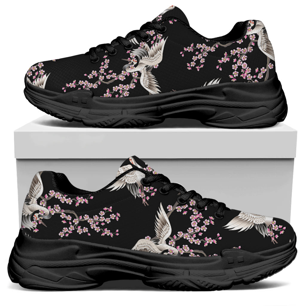 Japanese Crane Bird Pattern Print Black Chunky Shoes