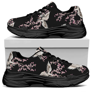 Japanese Crane Bird Pattern Print Black Chunky Shoes