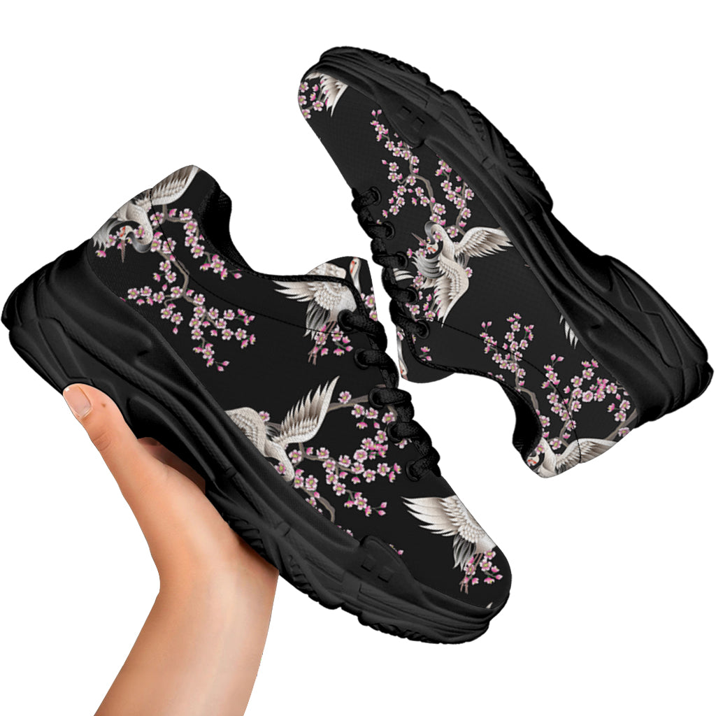 Japanese Crane Bird Pattern Print Black Chunky Shoes