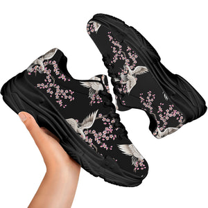 Japanese Crane Bird Pattern Print Black Chunky Shoes