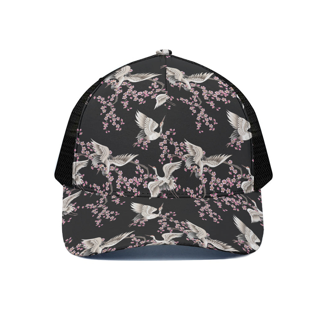 Japanese Crane Bird Pattern Print Black Mesh Trucker Cap