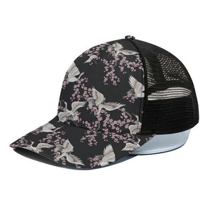 Japanese Crane Bird Pattern Print Black Mesh Trucker Cap