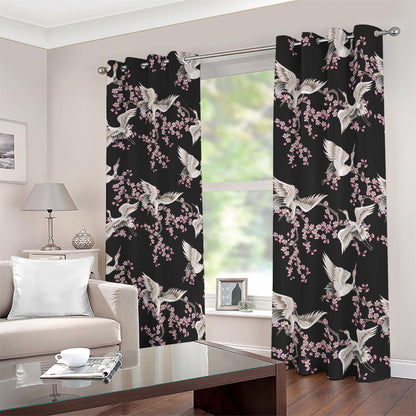 Japanese Crane Bird Pattern Print Blackout Grommet Curtains