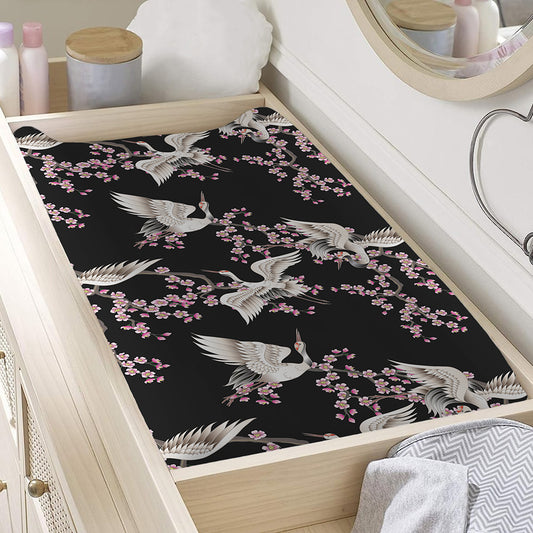 Japanese Crane Bird Pattern Print Changing Pad Cover