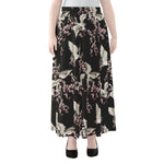 Japanese Crane Bird Pattern Print Chiffon Maxi Skirt