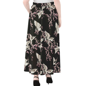 Japanese Crane Bird Pattern Print Chiffon Maxi Skirt