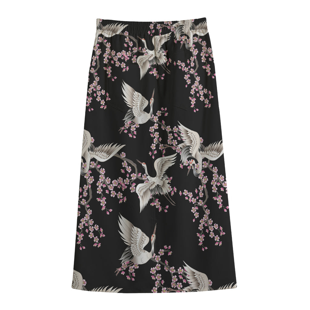 Japanese Crane Bird Pattern Print Cotton Front Slit Maxi Skirt