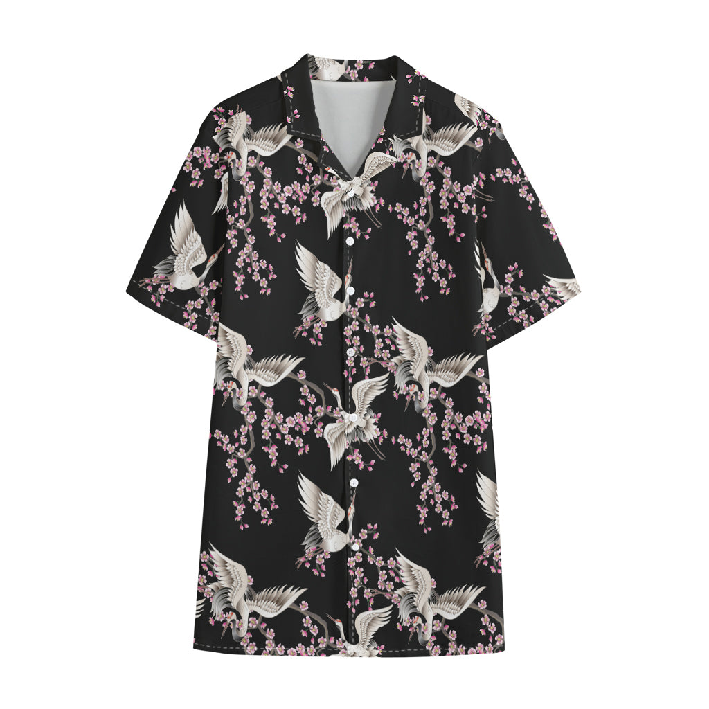Japanese Crane Bird Pattern Print Cotton Hawaiian Shirt