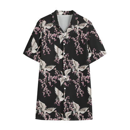 Japanese Crane Bird Pattern Print Cotton Hawaiian Shirt