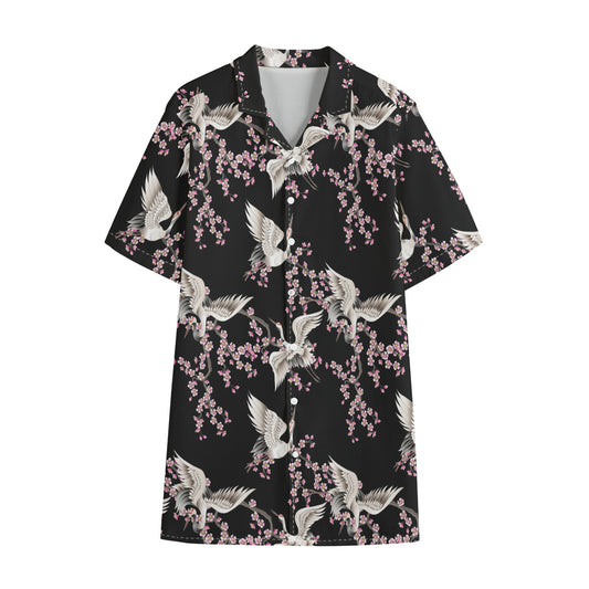 Japanese Crane Bird Pattern Print Cotton Hawaiian Shirt