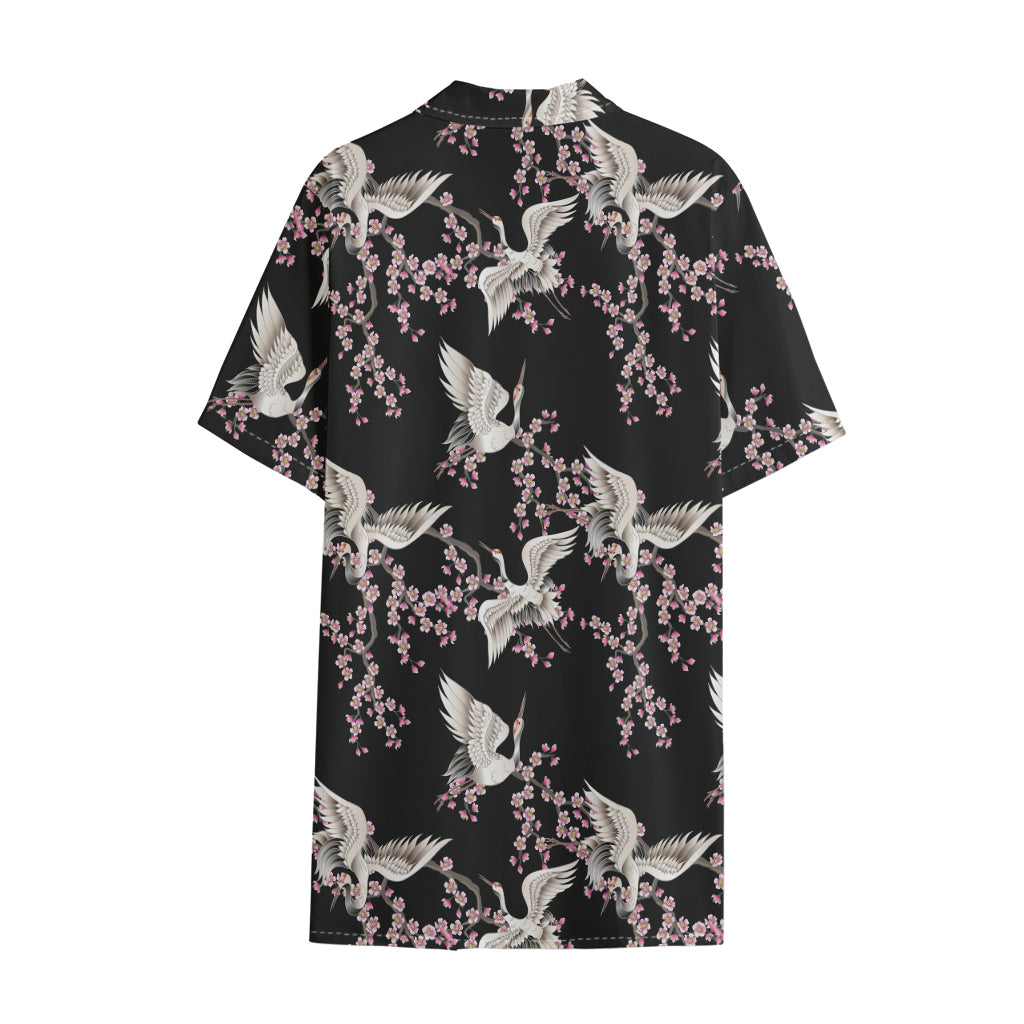 Japanese Crane Bird Pattern Print Cotton Hawaiian Shirt