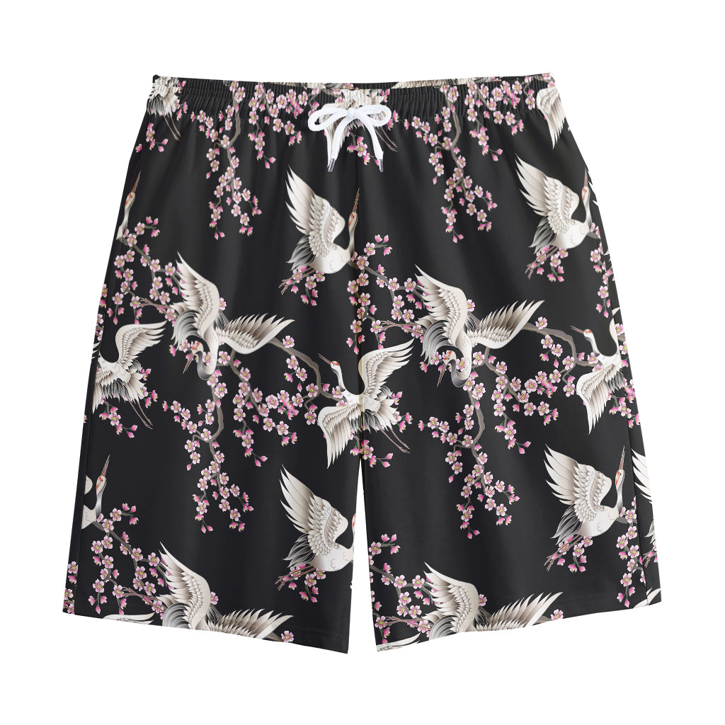 Japanese Crane Bird Pattern Print Cotton Shorts