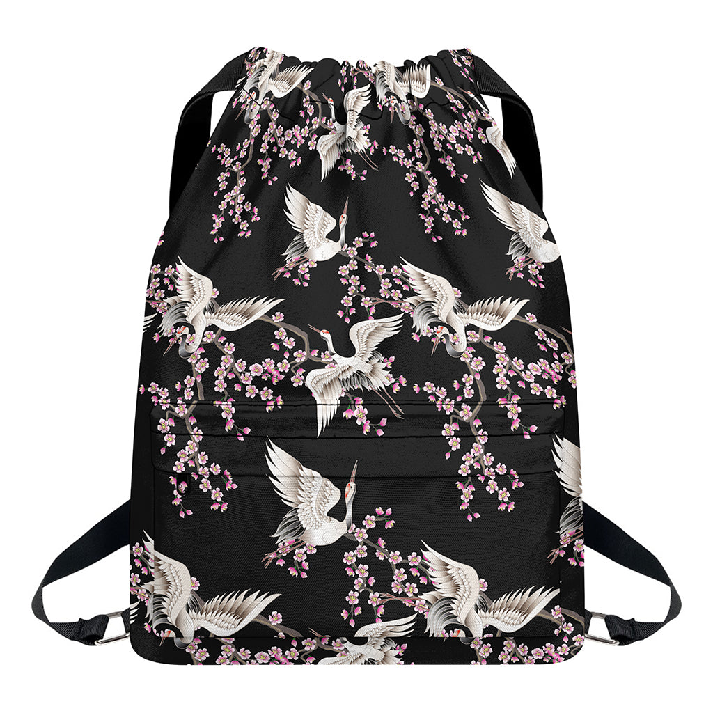 Japanese Crane Bird Pattern Print Drawstring Backpack