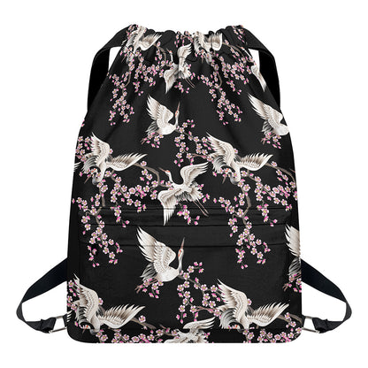 Japanese Crane Bird Pattern Print Drawstring Backpack