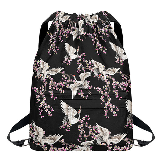 Japanese Crane Bird Pattern Print Drawstring Backpack