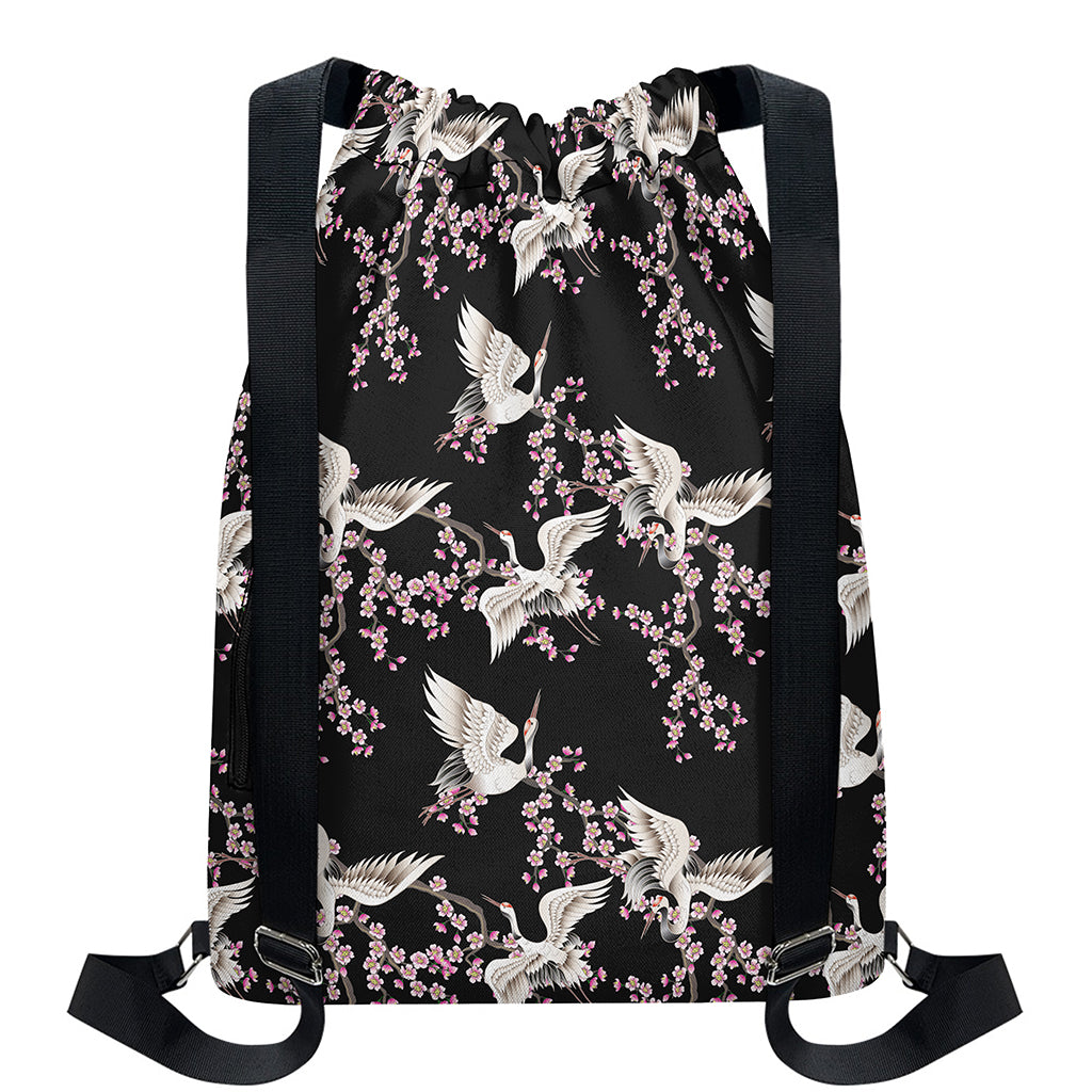 Japanese Crane Bird Pattern Print Drawstring Backpack