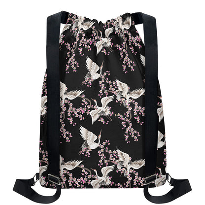 Japanese Crane Bird Pattern Print Drawstring Backpack