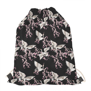 Japanese Crane Bird Pattern Print Drawstring Bag