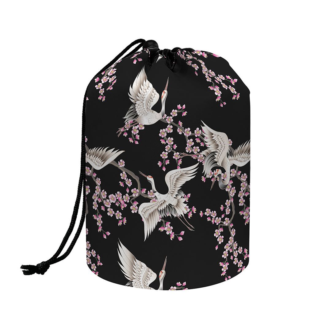 Japanese Crane Bird Pattern Print Drawstring Makeup Bag