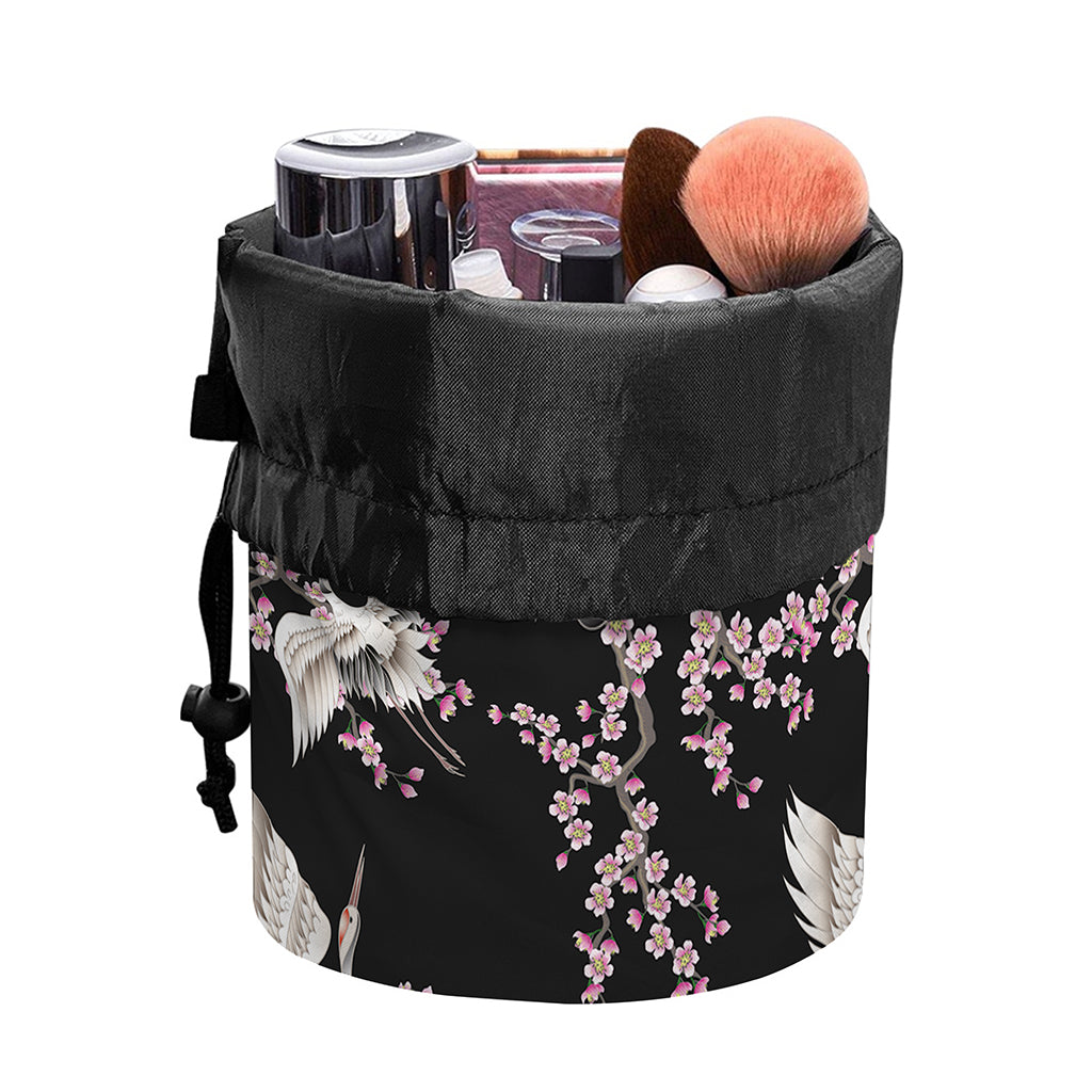 Japanese Crane Bird Pattern Print Drawstring Makeup Bag