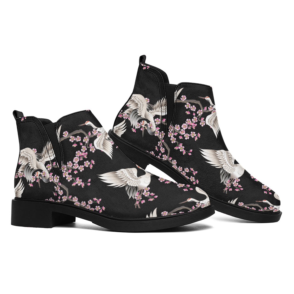 Japanese Crane Bird Pattern Print Flat Ankle Boots