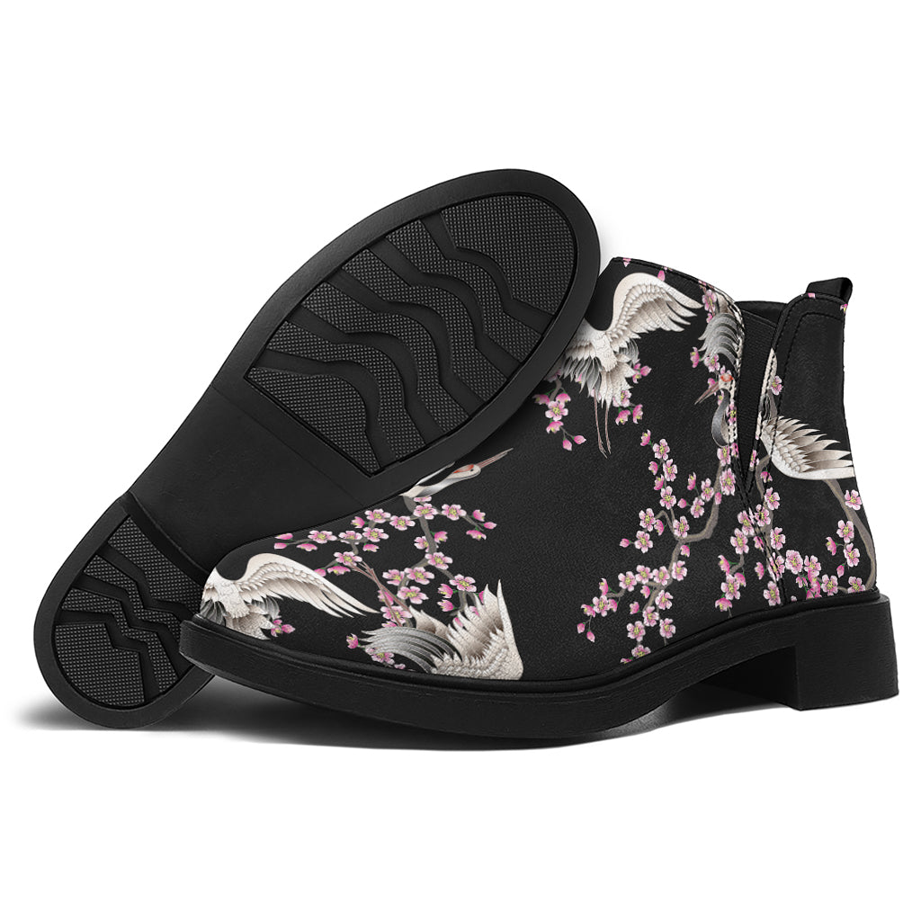 Japanese Crane Bird Pattern Print Flat Ankle Boots