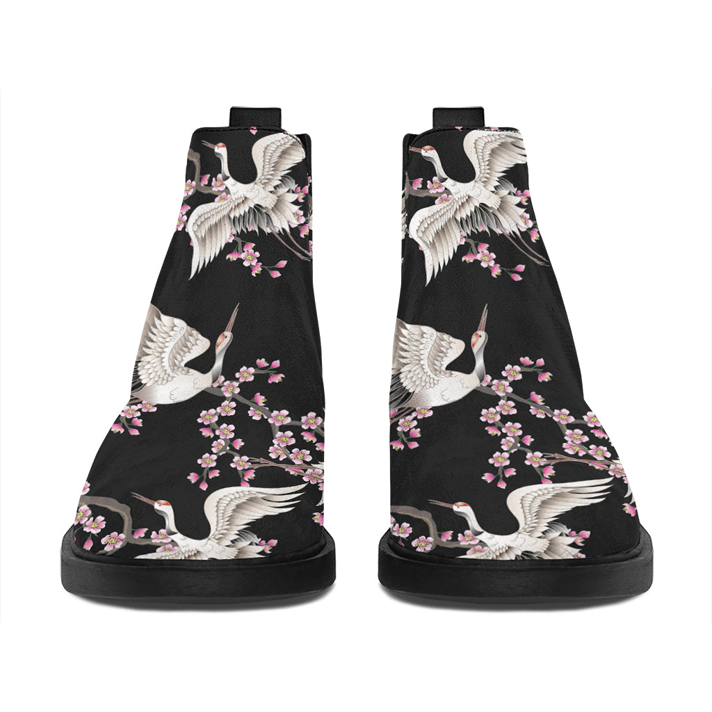 Japanese Crane Bird Pattern Print Flat Ankle Boots