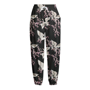 Japanese Crane Bird Pattern Print Fleece Lined Knit Pants