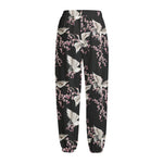 Japanese Crane Bird Pattern Print Fleece Lined Knit Pants