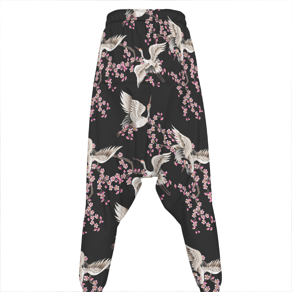 Japanese Crane Bird Pattern Print Hammer Pants