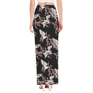 Japanese Crane Bird Pattern Print High Slit Maxi Skirt