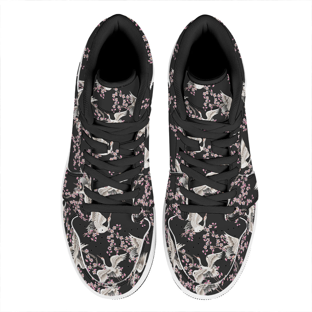 Japanese Crane Bird Pattern Print High Top Leather Sneakers