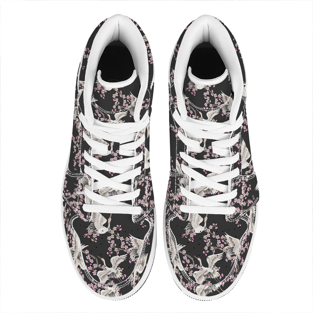 Japanese Crane Bird Pattern Print High Top Leather Sneakers