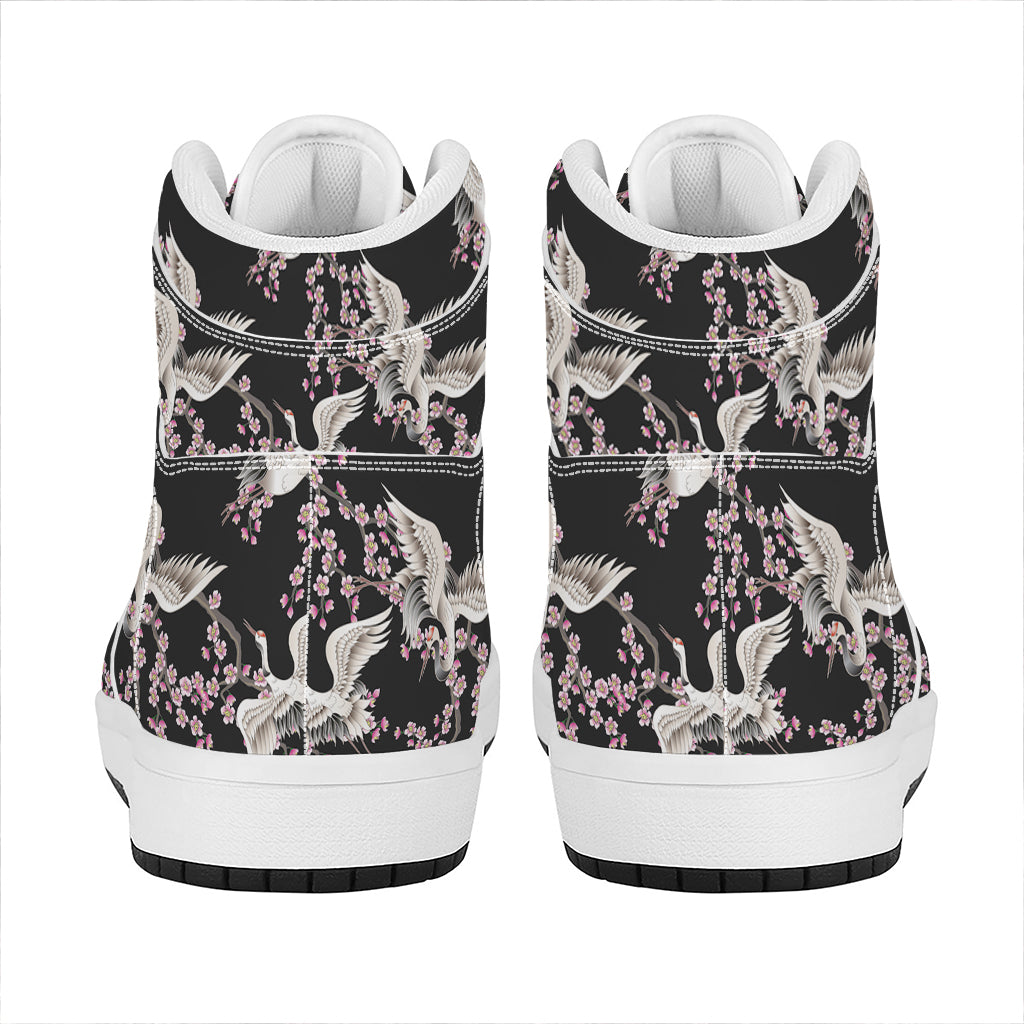 Japanese Crane Bird Pattern Print High Top Leather Sneakers