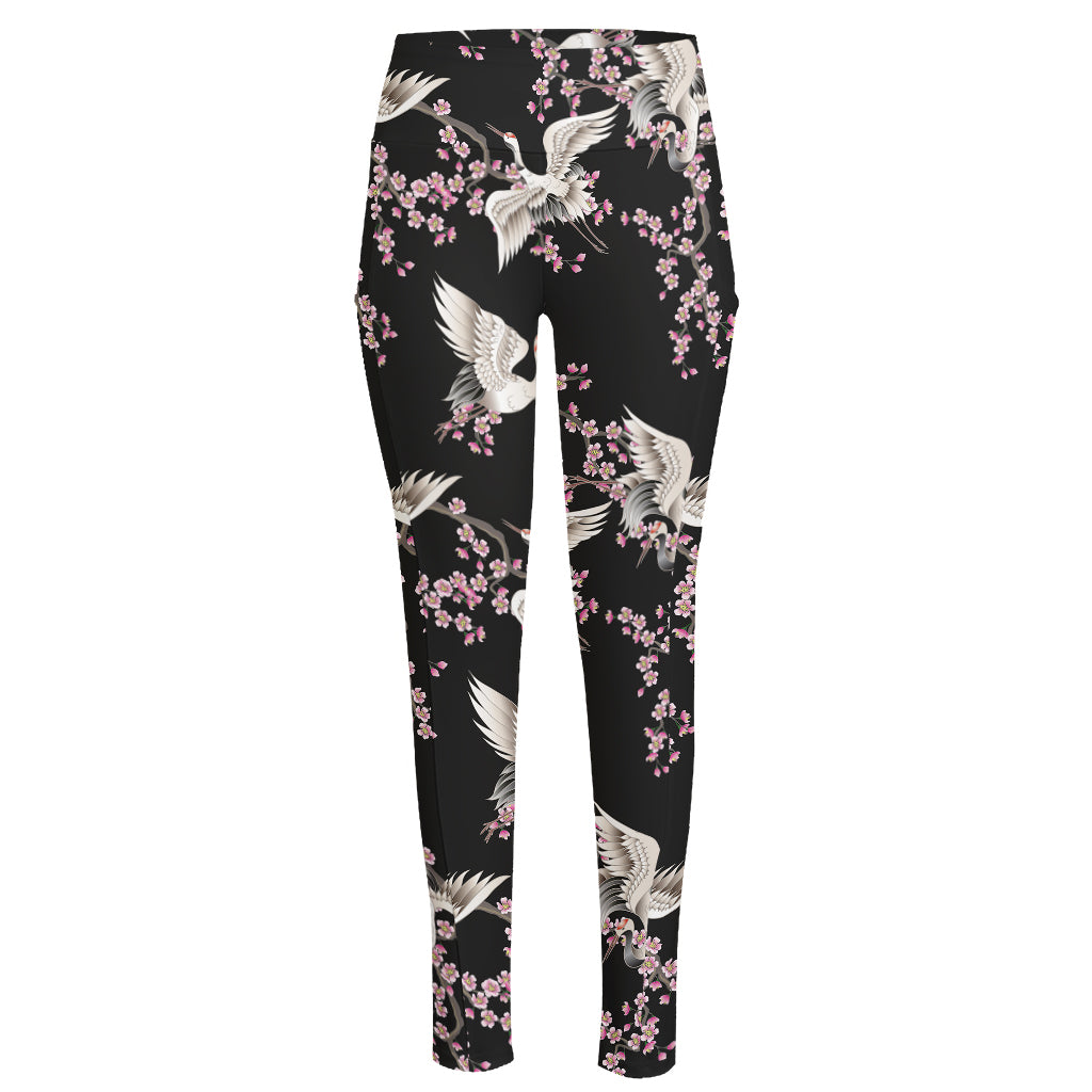 Japanese Crane Bird Pattern Print High-Waisted Pocket Leggings