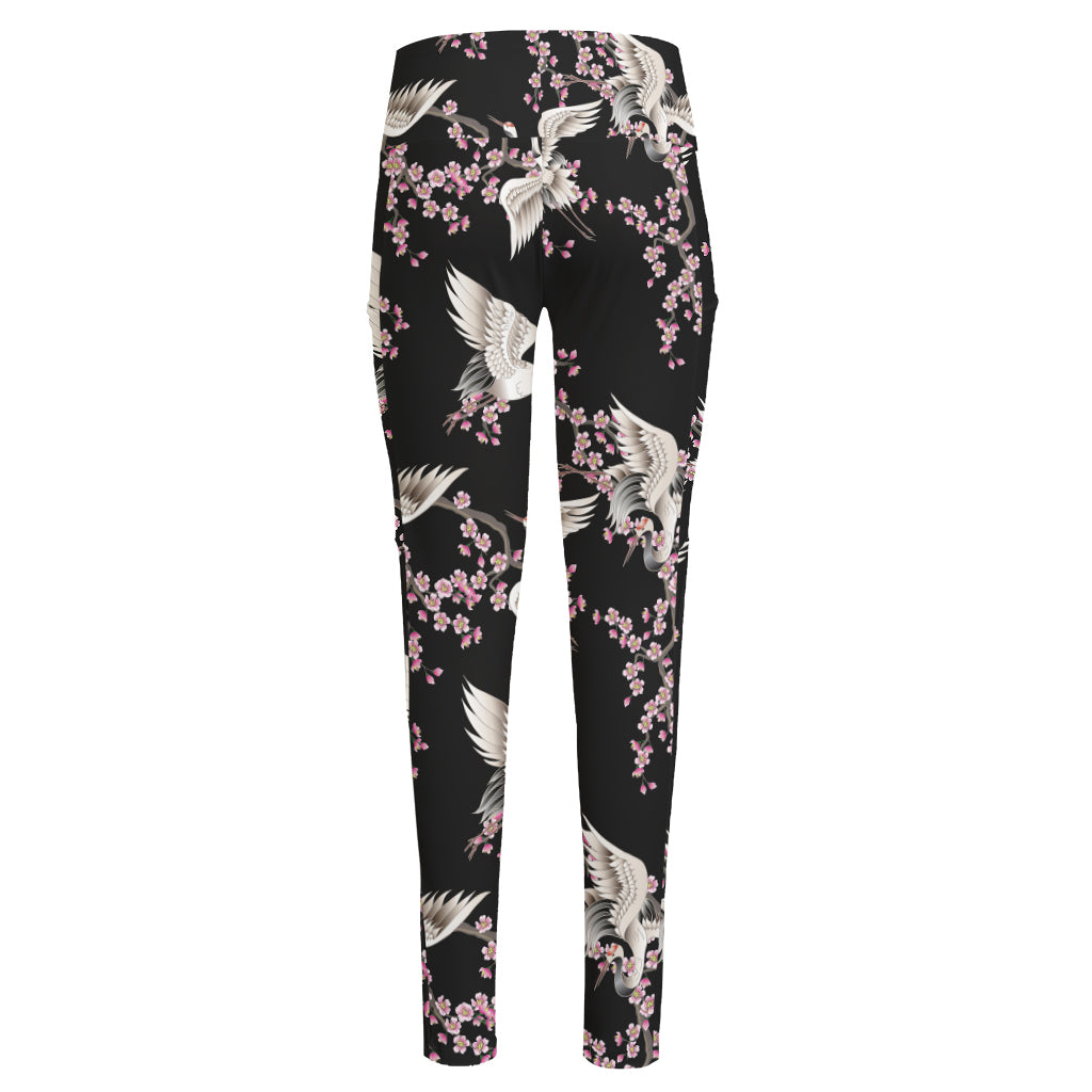 Japanese Crane Bird Pattern Print High-Waisted Pocket Leggings