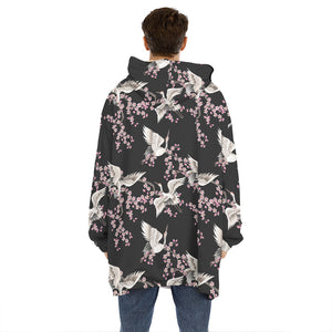 Japanese Crane Bird Pattern Print Hoodie Blanket