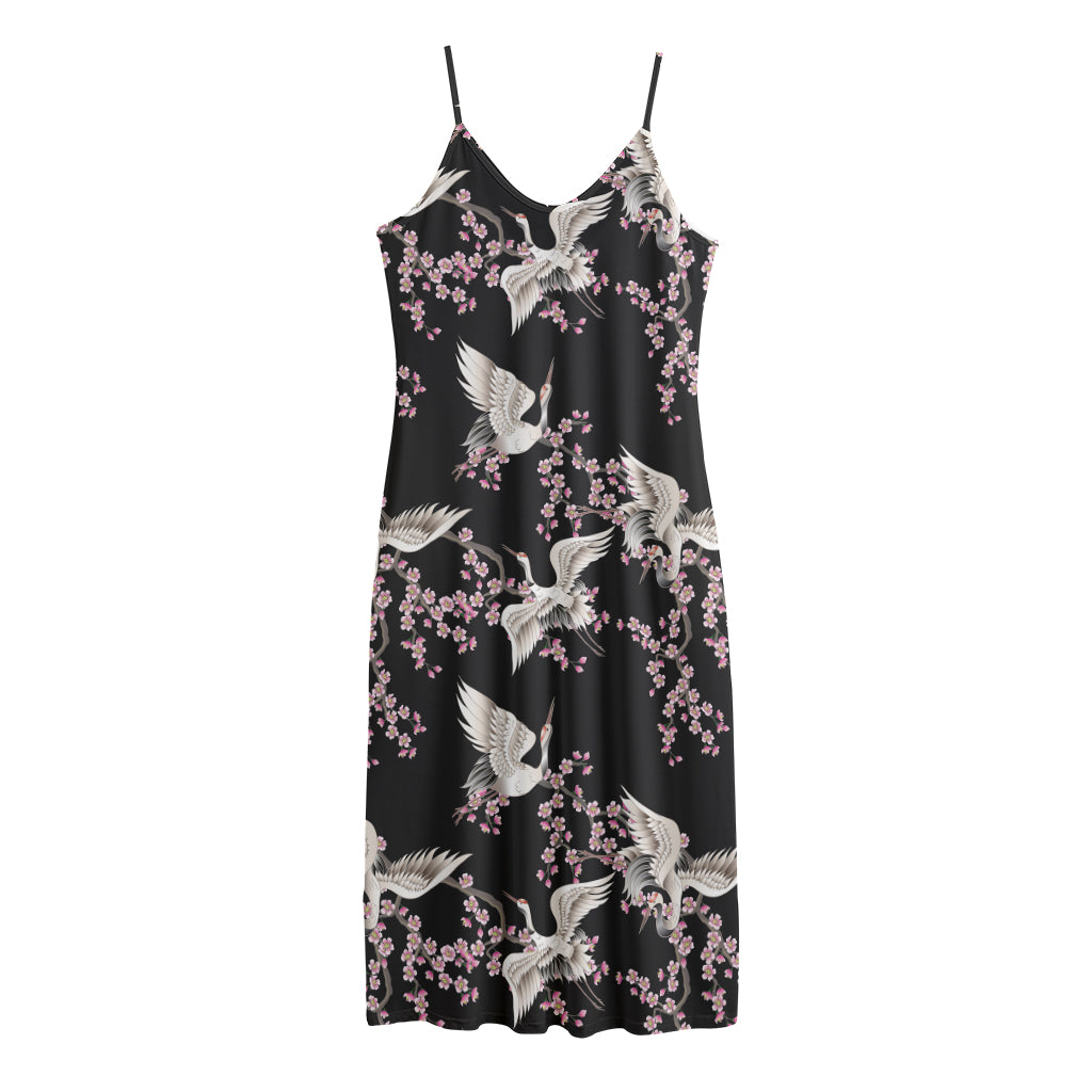 Japanese Crane Bird Pattern Print Jersey Midi Cami Dress