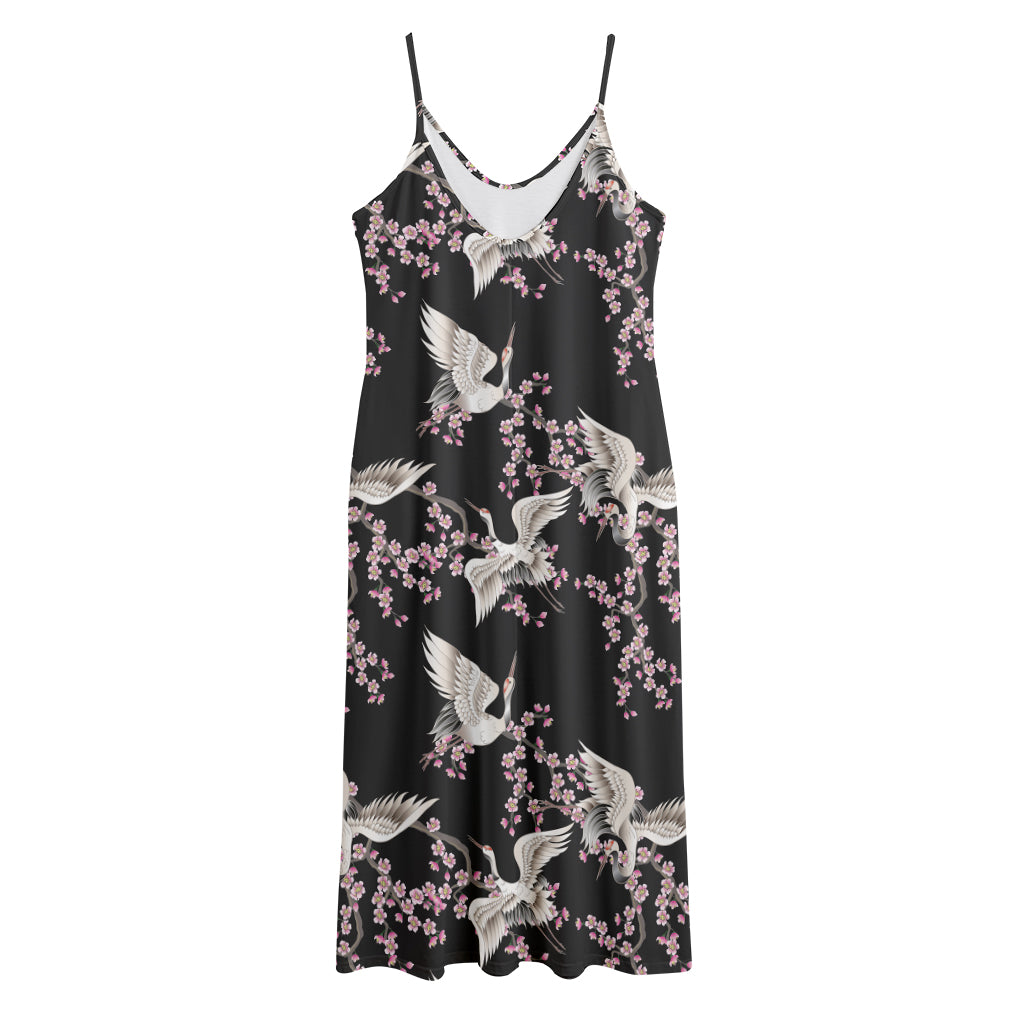 Japanese Crane Bird Pattern Print Jersey Midi Cami Dress