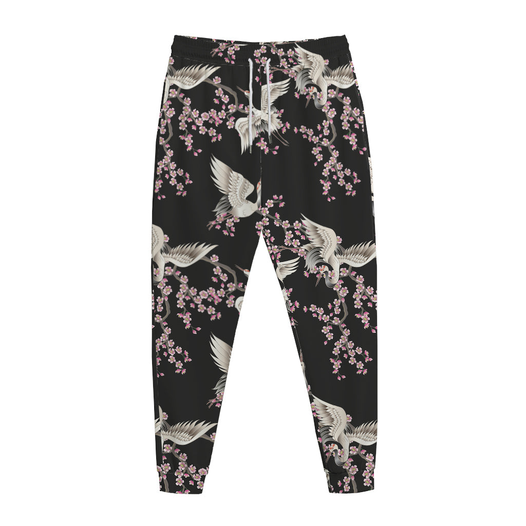 Japanese Crane Bird Pattern Print Jogger Pants