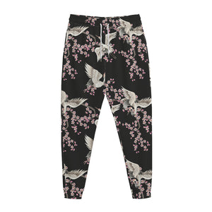 Japanese Crane Bird Pattern Print Jogger Pants