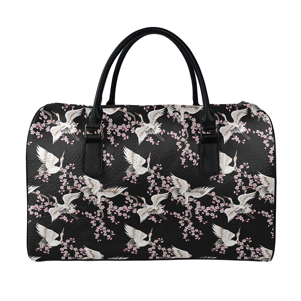Japanese Crane Bird Pattern Print Leather Duffle Bag