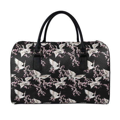 Japanese Crane Bird Pattern Print Leather Duffle Bag