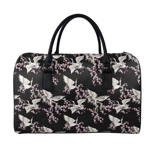 Japanese Crane Bird Pattern Print Leather Duffle Bag