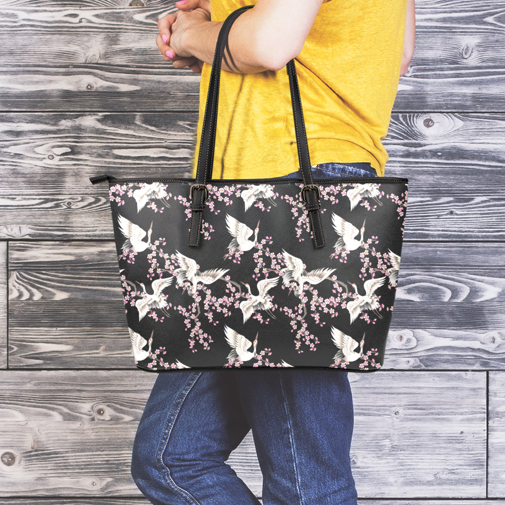 Japanese Crane Bird Pattern Print Leather Tote Bag