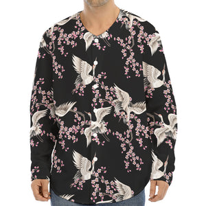 Japanese Crane Bird Pattern Print Long Sleeve Baseball Jersey